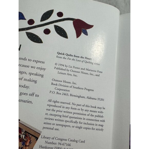 Quick Quilts From The Heart Hardcover By Liz Porter & Marianne Fons 1994 - Picture 3 of 5